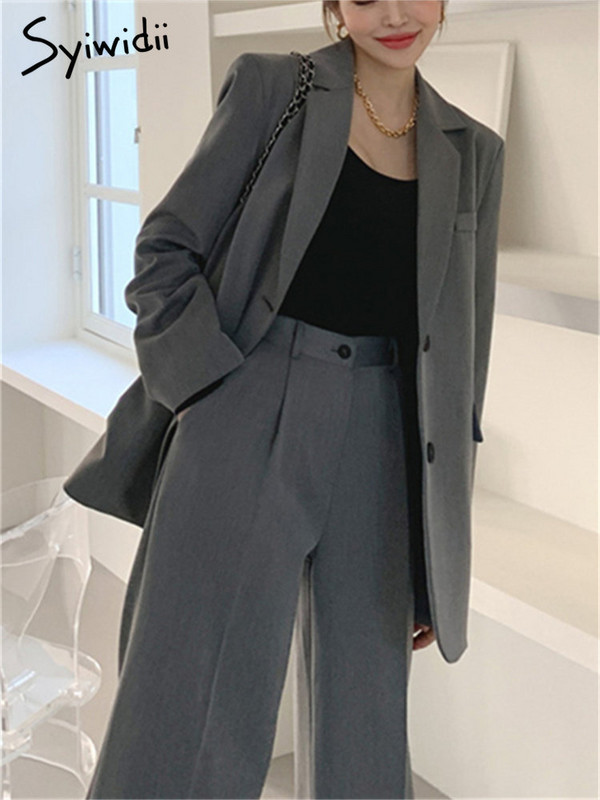 Costume Syiwidii pentru femei 2023 Noua modă coreeană cu mânecă lungă cu crestătură elegantă Blazer femei cu talie înaltă set de pantaloni de costum cu picioare late