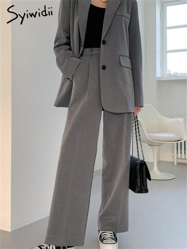 Costume Syiwidii pentru femei 2023 Noua modă coreeană cu mânecă lungă cu crestătură elegantă Blazer femei cu talie înaltă set de pantaloni de costum cu picioare late