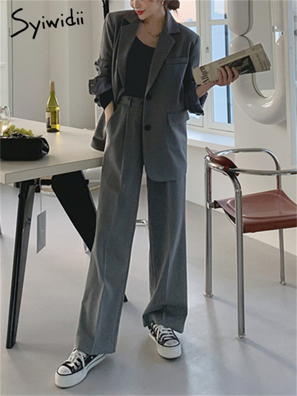Costume Syiwidii pentru femei 2023 Noua modă coreeană cu mânecă lungă cu crestătură elegantă Blazer femei cu talie înaltă set de pantaloni de costum cu picioare late