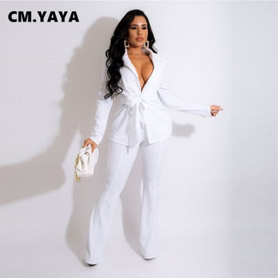 CM.YAYA Trening elegant pentru femei, cu bretele în sus, blazere și pantaloni drepti, cu picioare largi, costum de damă de birou, care se potrivește Set 2 piese