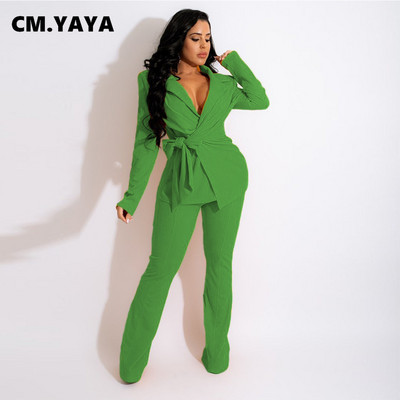 CM.YAYA Trening elegant pentru femei, cu bretele în sus, blazere și pantaloni drepti, cu picioare largi, costum de damă de birou, care se potrivește Set 2 piese