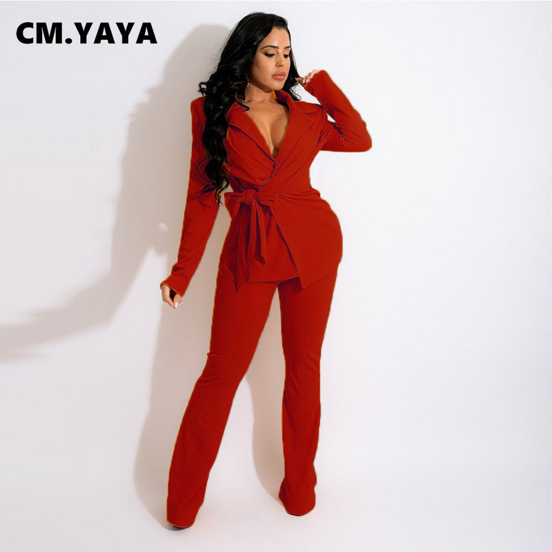 CM.YAYA Trening elegant pentru femei, cu bretele în sus, blazere și pantaloni drepti, cu picioare largi, costum de damă de birou, care se potrivește Set 2 piese