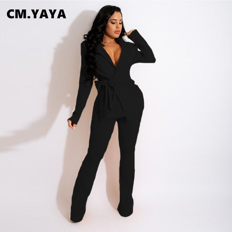 CM.YAYA Trening elegant pentru femei, cu bretele în sus, blazere și pantaloni drepti, cu picioare largi, costum de damă de birou, care se potrivește Set 2 piese