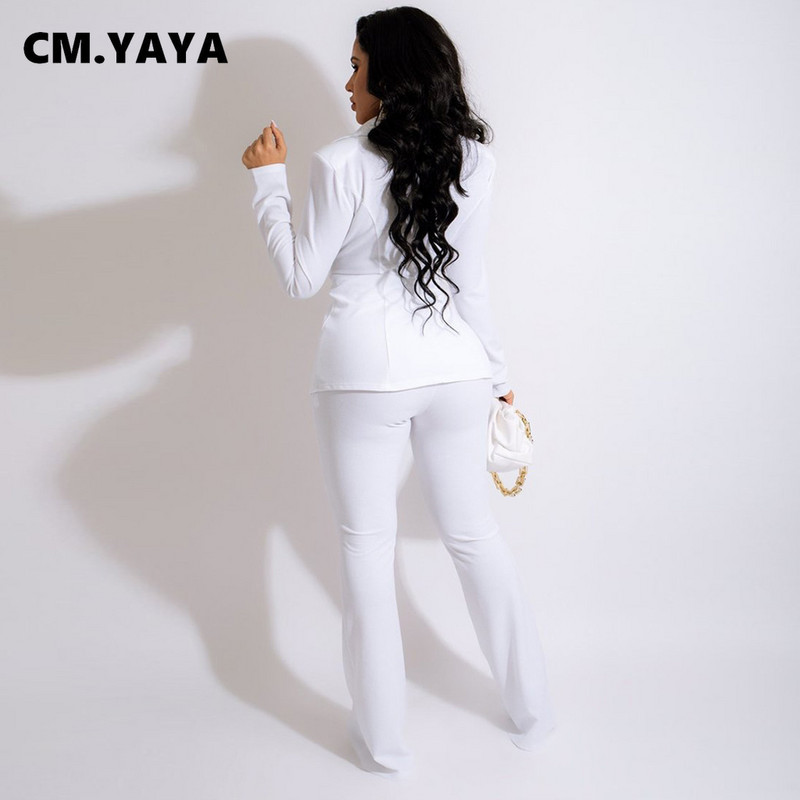 CM.YAYA Trening elegant pentru femei, cu bretele în sus, blazere și pantaloni drepti, cu picioare largi, costum de damă de birou, care se potrivește Set 2 piese