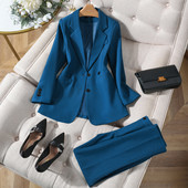 Augstas kvalitātes sieviešu biroja bikškostīms sievietēm ar garām piedurknēm, vienrindas kafija zils, melns, divu gabalu komplekts darbam