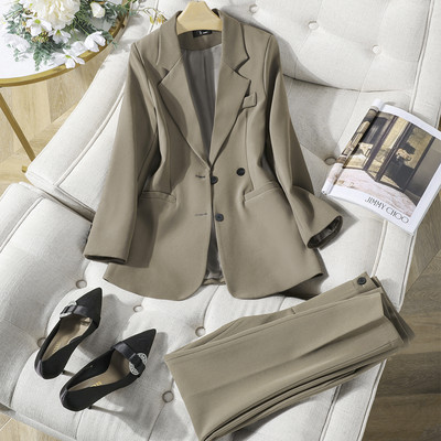 Augstas kvalitātes sieviešu biroja bikškostīms sievietēm ar garām piedurknēm, vienrindas kafija zils, melns, divu gabalu komplekts darbam