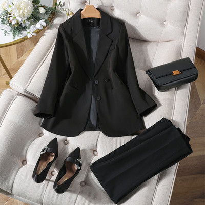 Augstas kvalitātes sieviešu biroja bikškostīms sievietēm ar garām piedurknēm, vienrindas kafija zils, melns, divu gabalu komplekts darbam