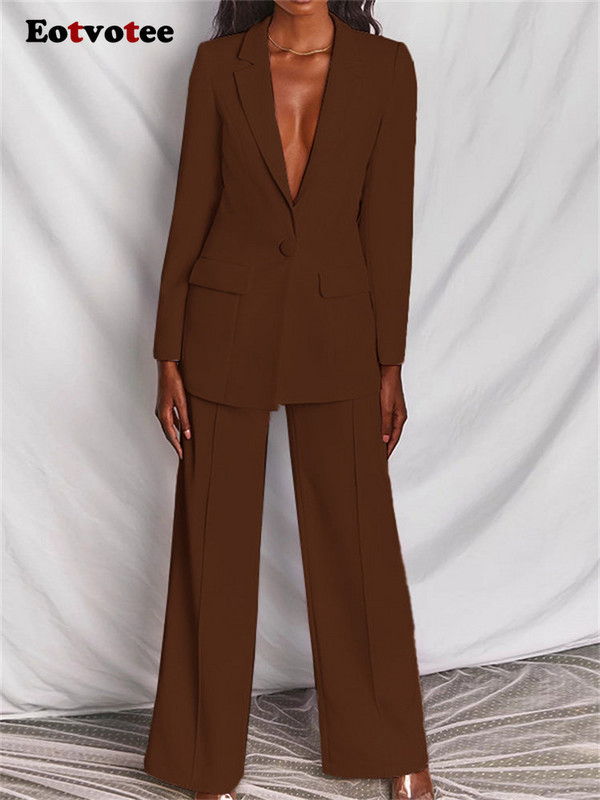 Σετ 2 τεμαχίων Eotvotee Suits για γυναίκες Κορεάτικη μόδα Σετ παντελόνι με φαρδύ πόδι με ψηλόμεσο μεγάλο μακρυμάνικο μονόχρωμο κοστούμι 2023