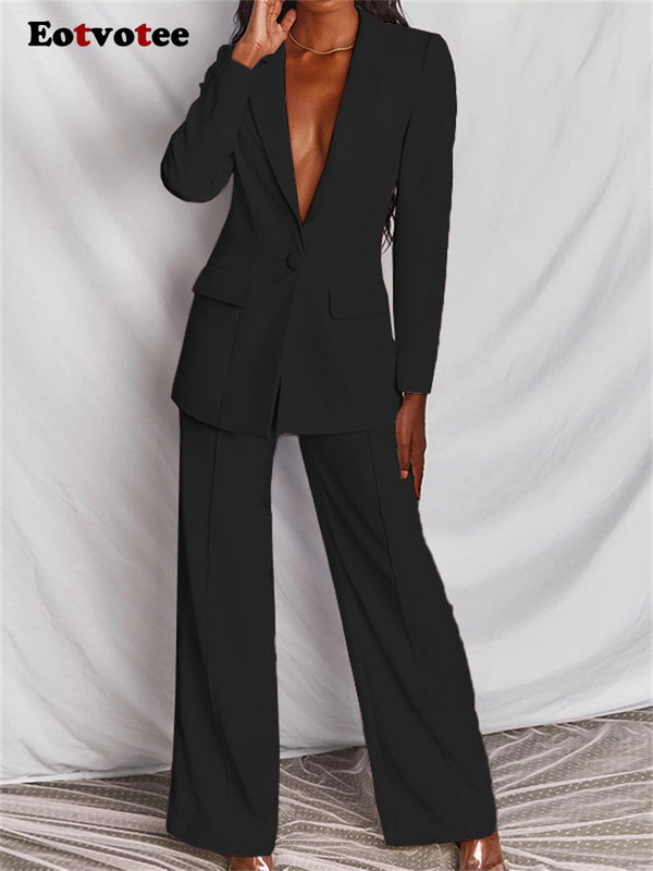 Σετ 2 τεμαχίων Eotvotee Suits για γυναίκες Κορεάτικη μόδα Σετ παντελόνι με φαρδύ πόδι με ψηλόμεσο μεγάλο μακρυμάνικο μονόχρωμο κοστούμι 2023