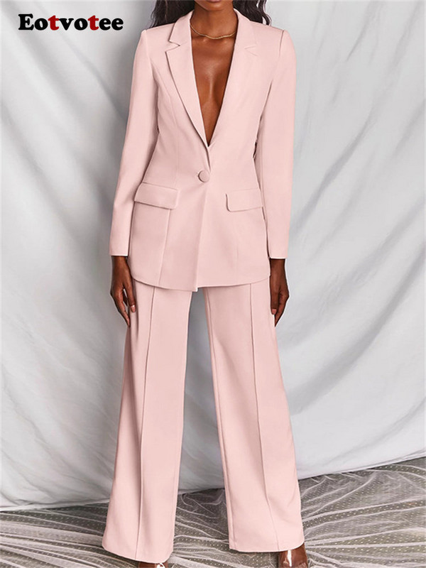 Σετ 2 τεμαχίων Eotvotee Suits για γυναίκες Κορεάτικη μόδα Σετ παντελόνι με φαρδύ πόδι με ψηλόμεσο μεγάλο μακρυμάνικο μονόχρωμο κοστούμι 2023