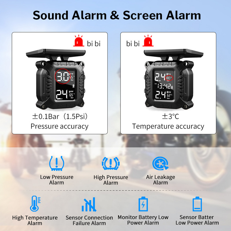 Deelife Motocicletă TPMS Sistem de monitorizare a presiunii în anvelope pentru motociclete pentru motociclete, scuter, 2 roți, senzor de anvelope solar TMPS