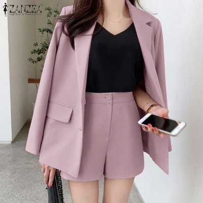 ZANZEA 2 ΤΕΜ Πέτο μακρυμάνικο μασίφ σορτς ζιβάγκο παντελόνι 2023 Work OL ασορτί σετ Ανοιξιάτικη μόδα Κομψή vintage αθλητική φόρμα