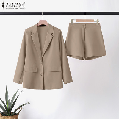 ZANZEA 2 ΤΕΜ Πέτο μακρυμάνικο μασίφ σορτς ζιβάγκο παντελόνι 2023 Work OL ασορτί σετ Ανοιξιάτικη μόδα Κομψή vintage αθλητική φόρμα