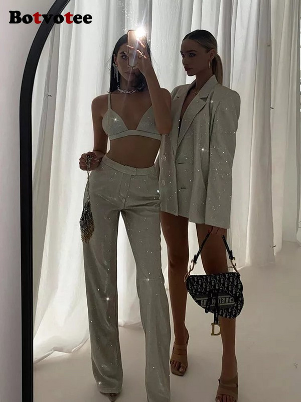 Botvotee Sequined Suits Σετ 3 τεμαχίων για γυναίκες 2023 Σετ παντελόνι μονόχρωμο μακρυμάνικο oversized σακάκι με ψηλόμεσο φαρδύ πόδι ίσιο