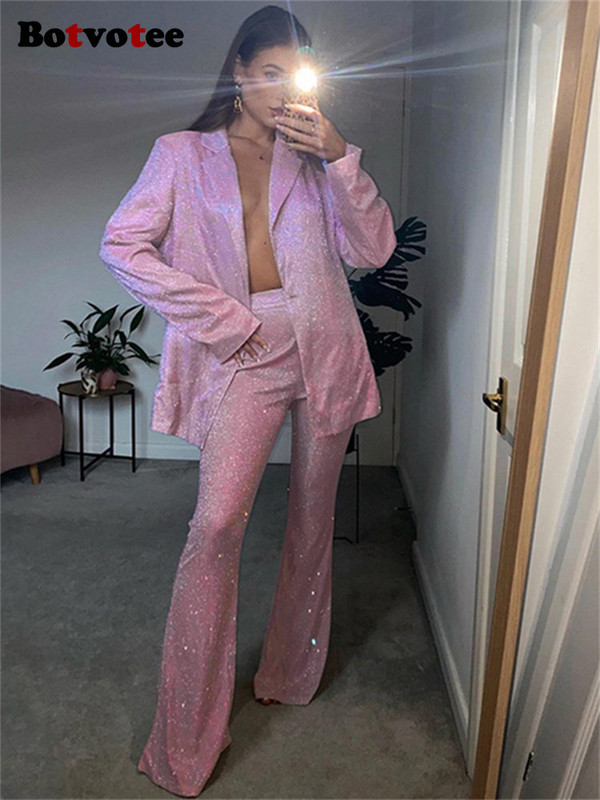 Botvotee Sequined Suits Σετ 3 τεμαχίων για γυναίκες 2023 Σετ παντελόνι μονόχρωμο μακρυμάνικο oversized σακάκι με ψηλόμεσο φαρδύ πόδι ίσιο