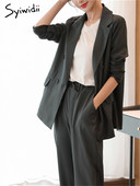 Syiwidii Set de 2 piese pentru femei, cu mâneci lungi, cu nasturi, sacou casual supradimensionat, cu talie înaltă, cu picioare late, pantaloni drepti