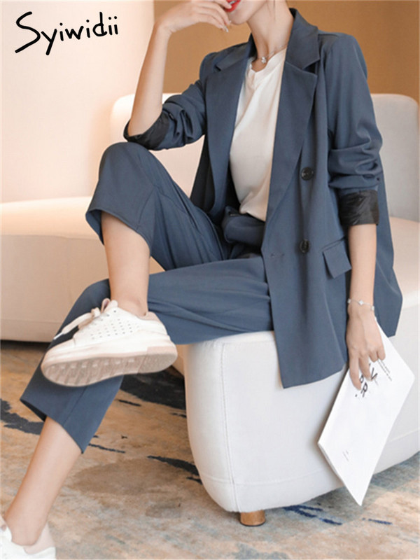 Syiwidii Set de 2 piese pentru femei, cu mâneci lungi, cu nasturi, sacou casual supradimensionat, cu talie înaltă, cu picioare late, pantaloni drepti