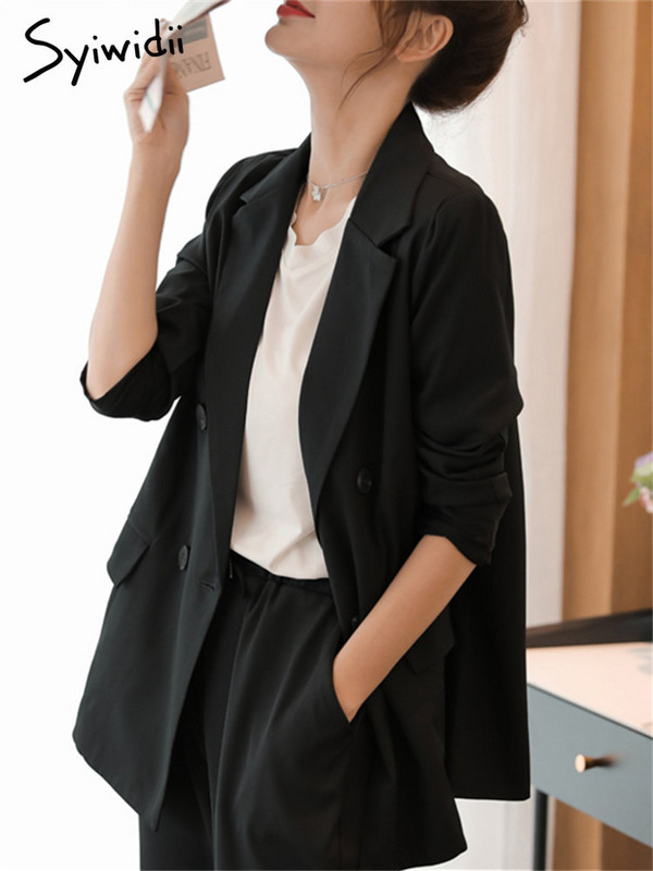 Syiwidii Set de 2 piese pentru femei, cu mâneci lungi, cu nasturi, sacou casual supradimensionat, cu talie înaltă, cu picioare late, pantaloni drepti