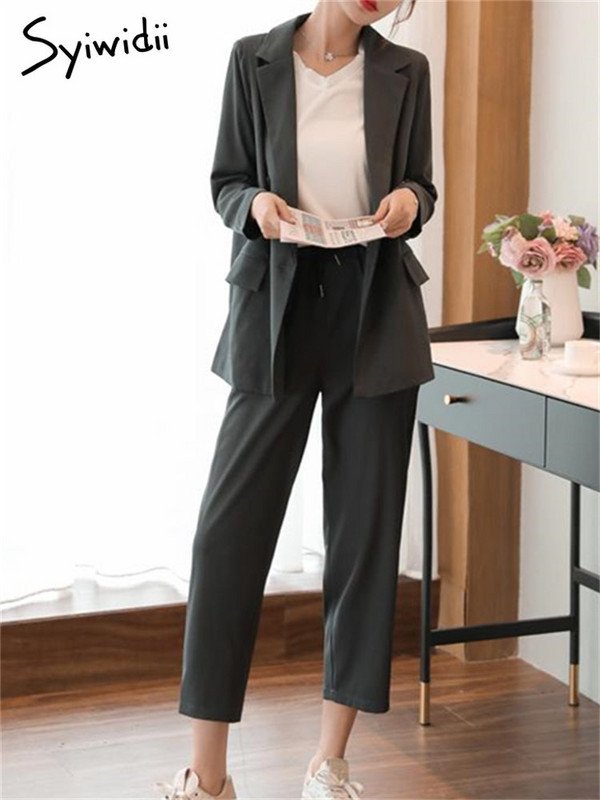 Syiwidii Set de 2 piese pentru femei, cu mâneci lungi, cu nasturi, sacou casual supradimensionat, cu talie înaltă, cu picioare late, pantaloni drepti