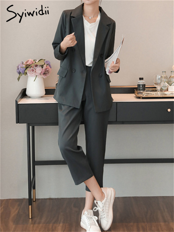 Syiwidii Set de 2 piese pentru femei, cu mâneci lungi, cu nasturi, sacou casual supradimensionat, cu talie înaltă, cu picioare late, pantaloni drepti