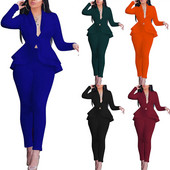 Jachetă Formală Damă Pantaloni Set Costum Blazer De Lucru Afaceri Volane Tinute Birou Set Culoare Unică