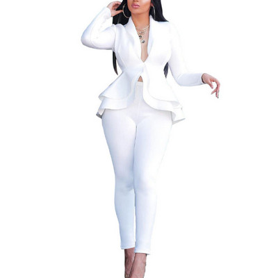 Jachetă Formală Damă Pantaloni Set Costum Blazer De Lucru Afaceri Volane Tinute Birou Set Culoare Unică