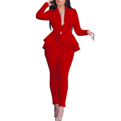 Jachetă Formală Damă Pantaloni Set Costum Blazer De Lucru Afaceri Volane Tinute Birou Set Culoare Unică