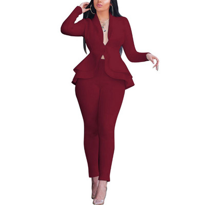 Jachetă Formală Damă Pantaloni Set Costum Blazer De Lucru Afaceri Volane Tinute Birou Set Culoare Unică