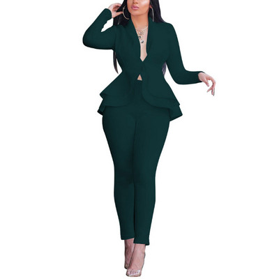 Jachetă Formală Damă Pantaloni Set Costum Blazer De Lucru Afaceri Volane Tinute Birou Set Culoare Unică
