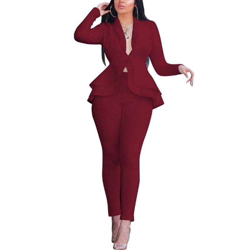 Jachetă Formală Damă Pantaloni Set Costum Blazer De Lucru Afaceri Volane Tinute Birou Set Culoare Unică