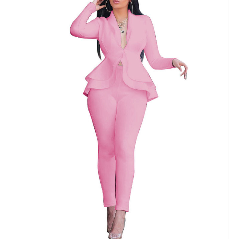 Jachetă Formală Damă Pantaloni Set Costum Blazer De Lucru Afaceri Volane Tinute Birou Set Culoare Unică