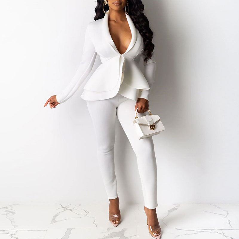 Jachetă Formală Damă Pantaloni Set Costum Blazer De Lucru Afaceri Volane Tinute Birou Set Culoare Unică