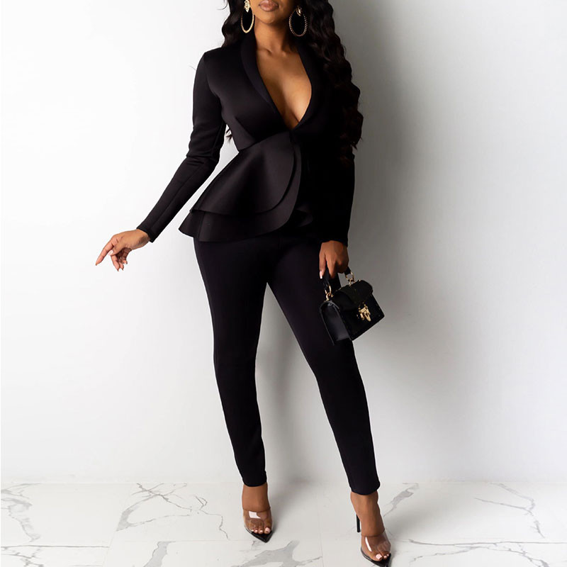 Jachetă Formală Damă Pantaloni Set Costum Blazer De Lucru Afaceri Volane Tinute Birou Set Culoare Unică