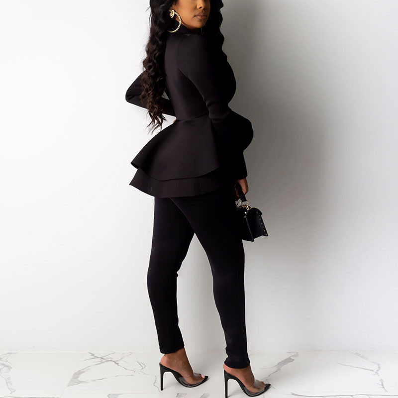 Jachetă Formală Damă Pantaloni Set Costum Blazer De Lucru Afaceri Volane Tinute Birou Set Culoare Unică