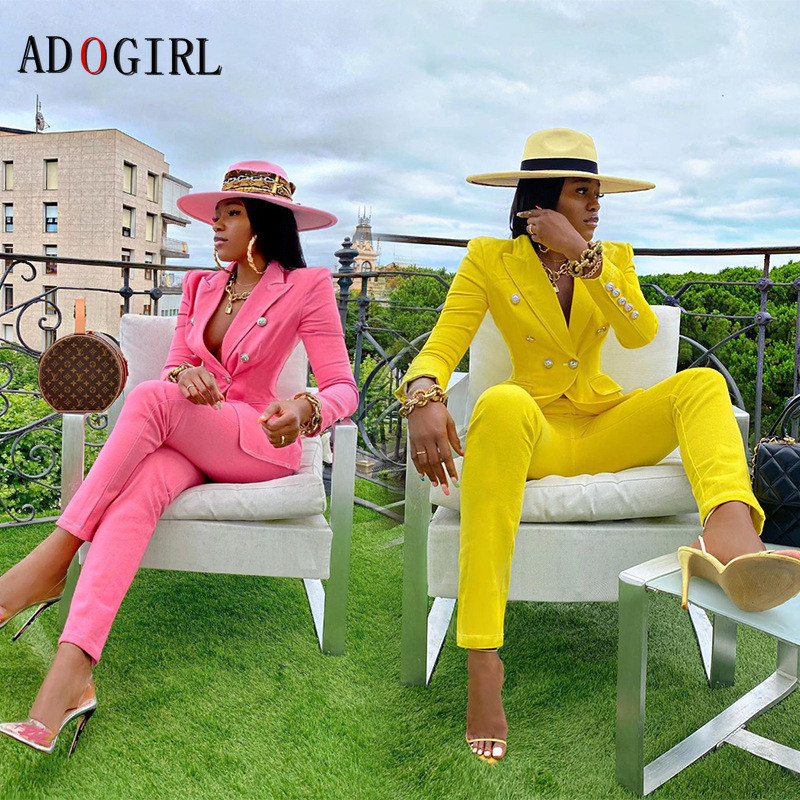 Adogirl Costum de afaceri pentru femei Seturi de birou Set elegant 2 piese Blazer Jachetă Pantaloni Haine dublu cu mânecă lungă la piept 2020