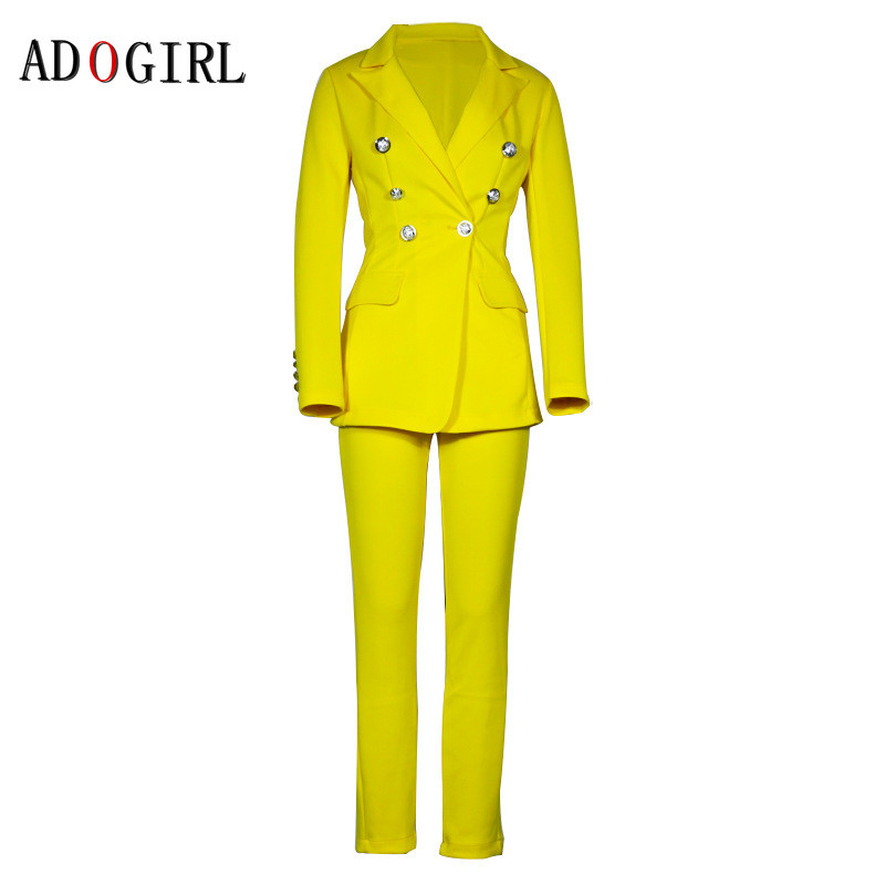 Adogirl Costum de afaceri pentru femei Seturi de birou Set elegant 2 piese Blazer Jachetă Pantaloni Haine dublu cu mânecă lungă la piept 2020