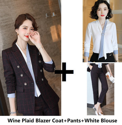 În carouri Formal Carieră Blazere Costume Doamne Birou Uniforme Formale Modele Pantaloni Femei Profesioniste Imbracaminte de Afaceri Imbracaminte