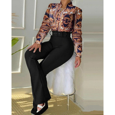 Naiste vabaaja lillemustriga särgi ja laia säärega pükste ülikonnakomplekt Kevad-sügismood, kaheosaline bleiserikomplektid, kontorinaise tööülikond