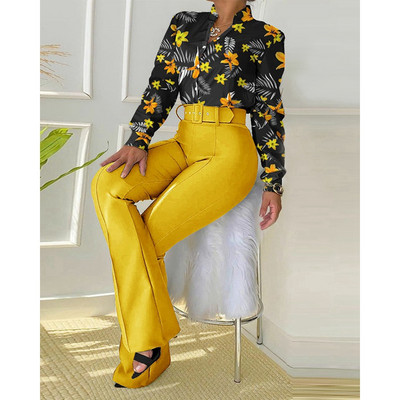 Naiste vabaaja lillemustriga särgi ja laia säärega pükste ülikonnakomplekt Kevad-sügismood, kaheosaline bleiserikomplektid, kontorinaise tööülikond