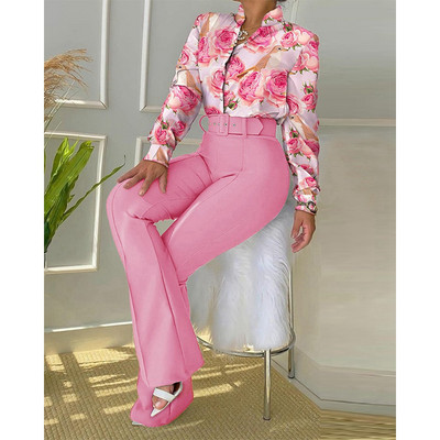 Naiste vabaaja lillemustriga särgi ja laia säärega pükste ülikonnakomplekt Kevad-sügismood, kaheosaline bleiserikomplektid, kontorinaise tööülikond