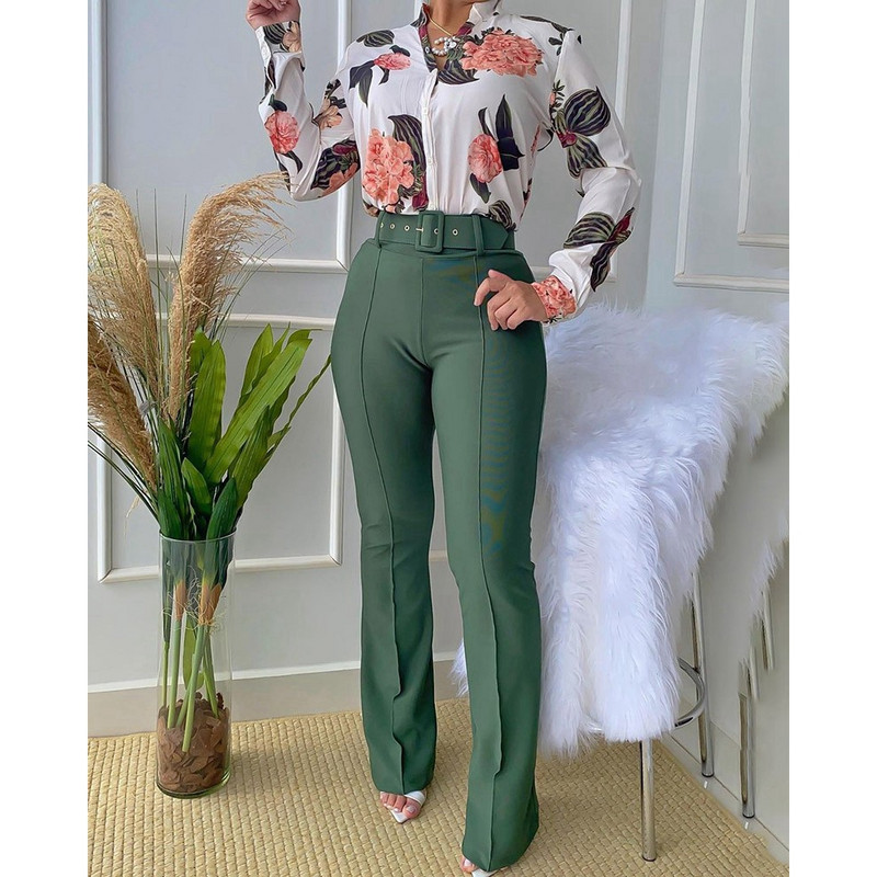 Naiste vabaaja lillemustriga särgi ja laia säärega pükste ülikonnakomplekt Kevad-sügismood, kaheosaline bleiserikomplektid, kontorinaise tööülikond