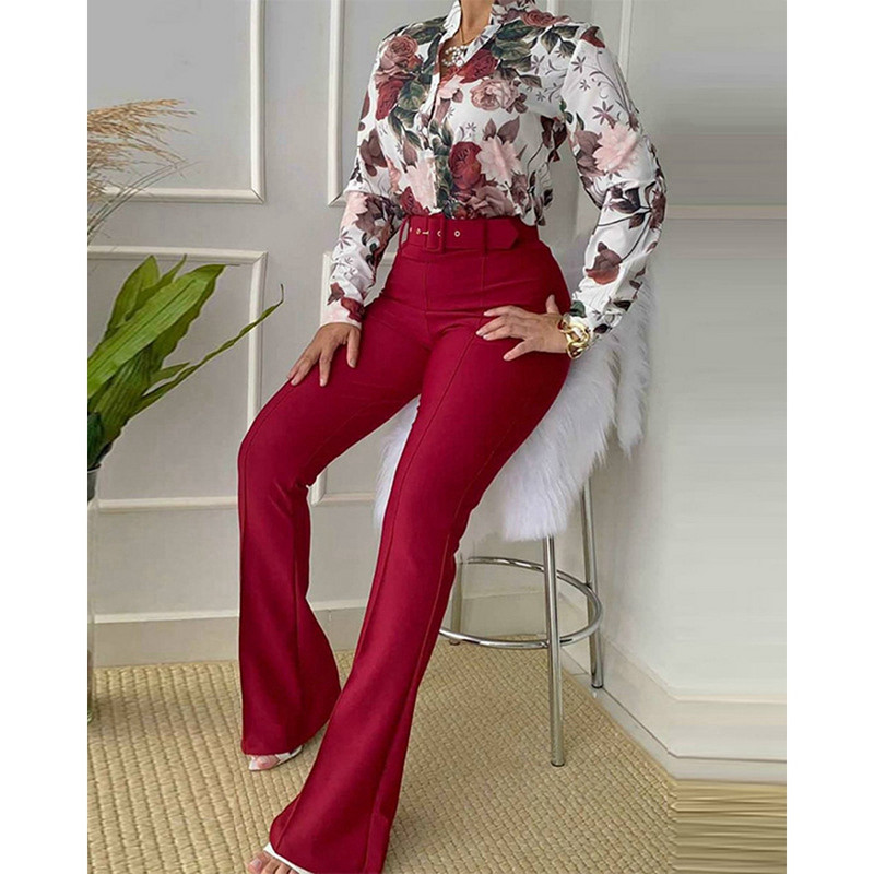 Naiste vabaaja lillemustriga särgi ja laia säärega pükste ülikonnakomplekt Kevad-sügismood, kaheosaline bleiserikomplektid, kontorinaise tööülikond