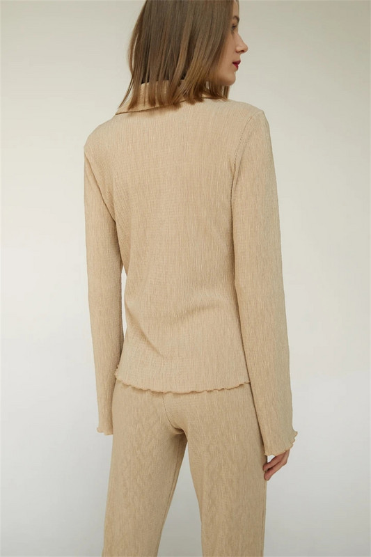 Cămașă cu mâneci lungi pentru damă, cu decolteu în V, pantaloni evazați cu un singur piept, culoare uni, costum de modă lejer, costum din două piese