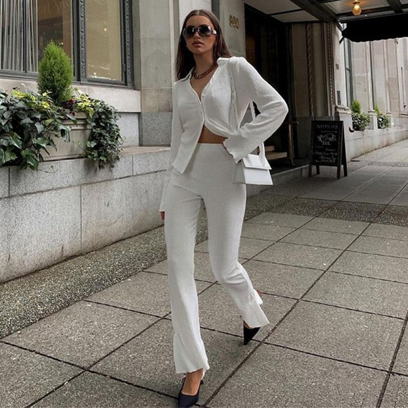 Cămașă cu mâneci lungi pentru damă, cu decolteu în V, pantaloni evazați cu un singur piept, culoare uni, costum de modă lejer, costum din două piese