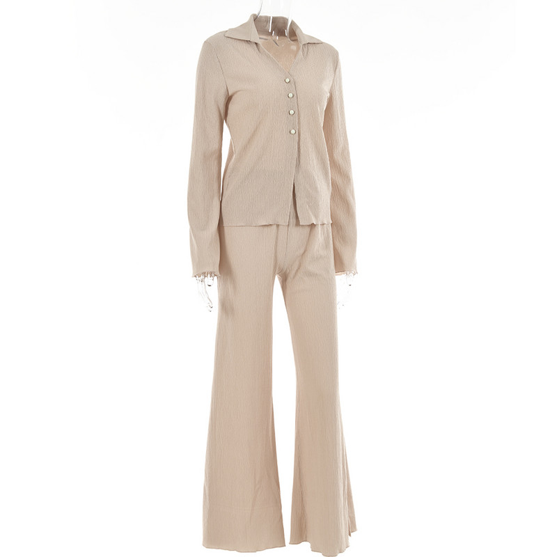 Cămașă cu mâneci lungi pentru damă, cu decolteu în V, pantaloni evazați cu un singur piept, culoare uni, costum de modă lejer, costum din două piese