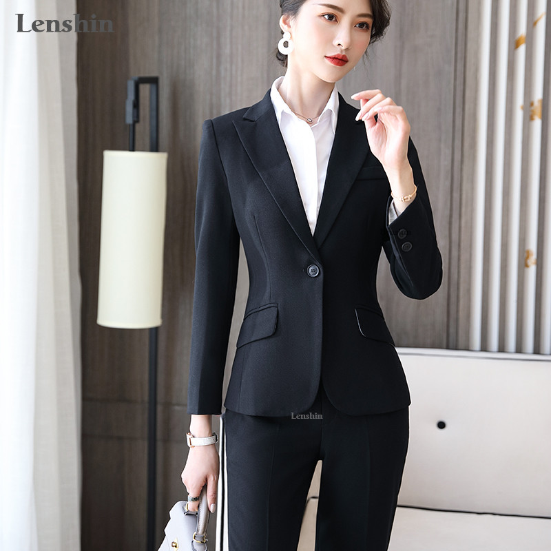 Lenshin 2-osaline komplekt pidulik pükskostüüm naiste äri pikkade varrukatega Candy Colors bleiser ja püksid kontori naiste töövormi kandmine