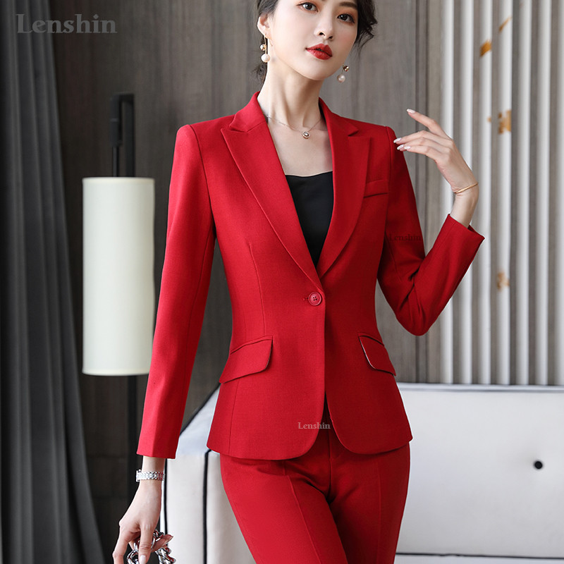 Lenshin 2-osaline komplekt pidulik pükskostüüm naiste äri pikkade varrukatega Candy Colors bleiser ja püksid kontori naiste töövormi kandmine