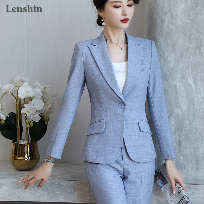 Lenshin 2-osaline komplekt pidulik pükskostüüm naiste äri pikkade varrukatega Candy Colors bleiser ja püksid kontori naiste töövormi kandmine