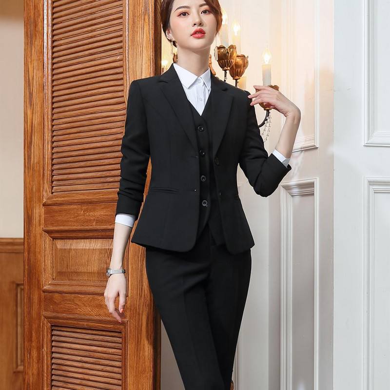 Set 3 bucăți Vesta pentru femei Blazer Jachetă și costum pantalon Office Lady Formal Afaceri Lucru în carieră Haine Roșu Negru Uniformă S-5XL