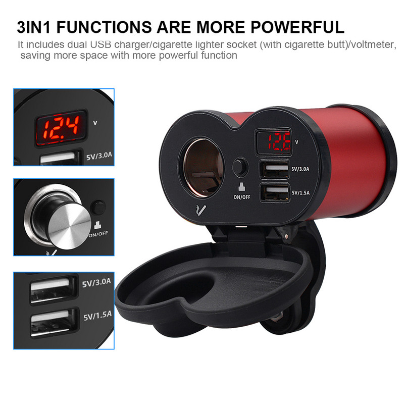 Μοτοσικλέτα Μοτοσικλέτα QC 3.0 Διπλός φορτιστής τηλεφώνου USB Τιμόνι Βάση καθρέφτη οπισθοπορείας Τσιγάρα - Αναπτήρας βολτόμετρου Ένδειξη χρόνου νέο